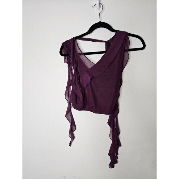 Cider Cute Purple Sleeveless Ruffle Mesh Faux Wrap Tie Neck Blouse Top Small - Picture 6 of 6